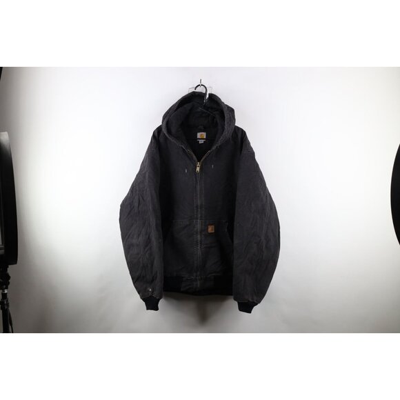 Vtg Carhartt Mens 2XLT Distressed Quilted Canvas Hooded Full Zip Jacket Black